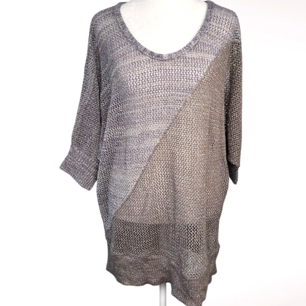 Metallic Knit Short Sleeve Sweater Dolman Sleeve Taupe Size Medium